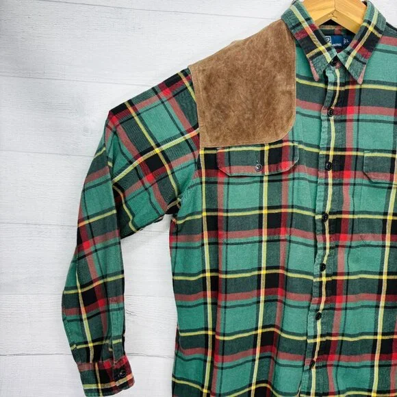 VTG Polo by Ralph Lauren Tartan Plaid Flannel Shirt Suede Shoulder Patch Size L - Picture 4 of 13